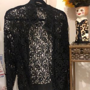 Gorgeous black lace evening jacket by Marina. Full length zipper. Size XL.